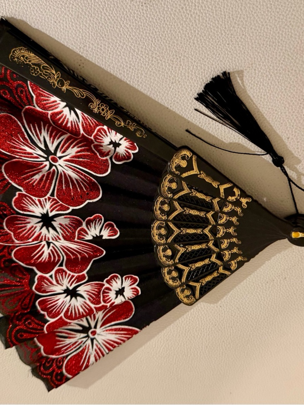 Black Red Floral Folding Hand Fan Glitter Lace Tassel Dance Festival Flamenco - Picture 4 of 16